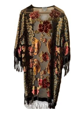 Dalin Velvet Burnout Peacock Fringe Gypsy Boho Kimono